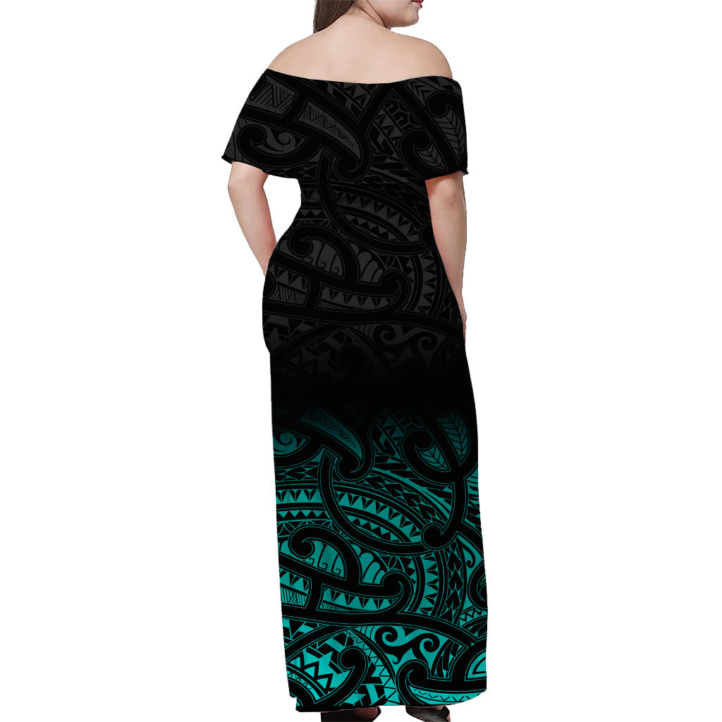 (Custom Personalised) New Zealand Off Shoulder Long Dress Maori Pattern Turquoise - Vibe Hoodie Shop