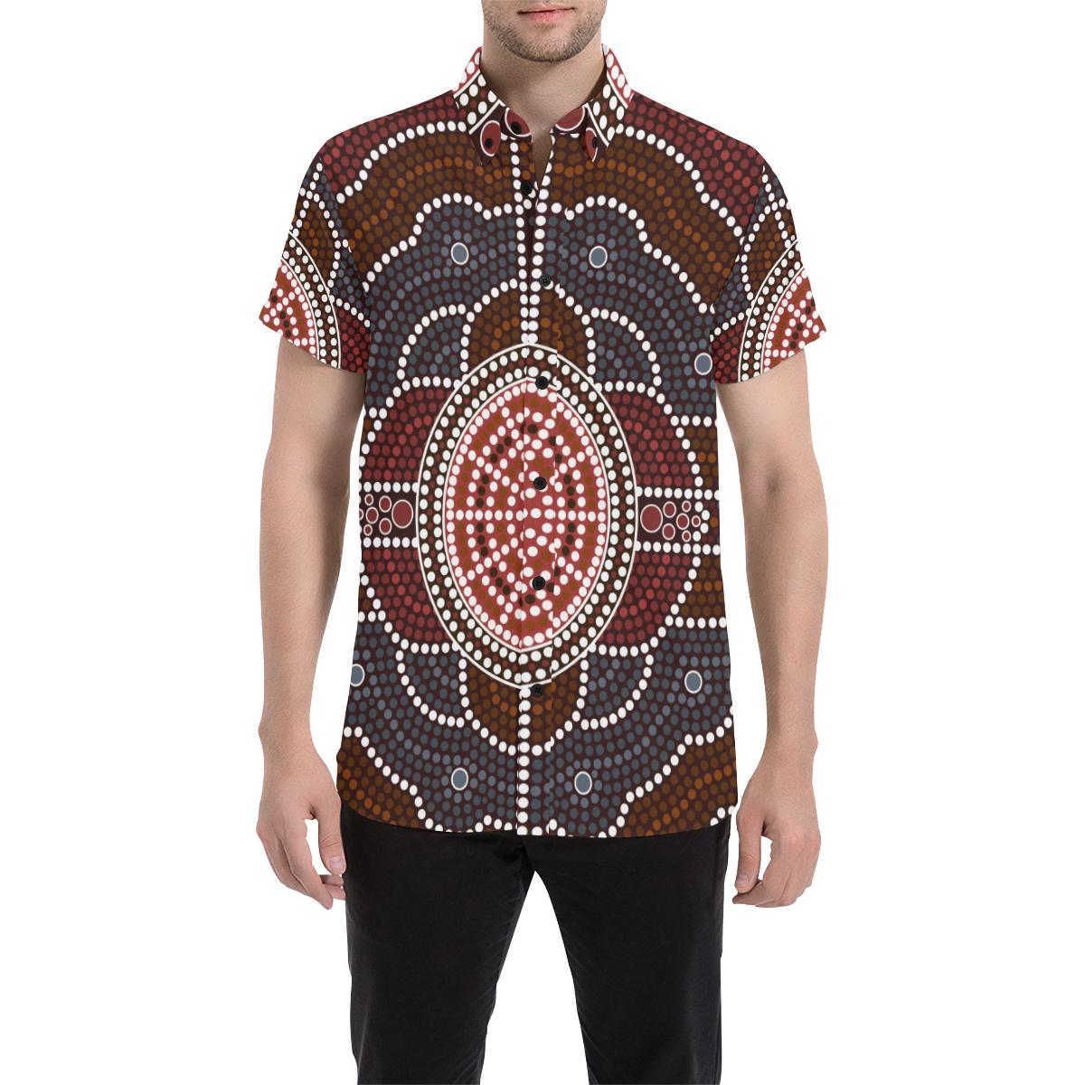 Aboriginal Short Sleeve Shirt - Circle Red Dot Painting Art - Vibe Hoodie Shop