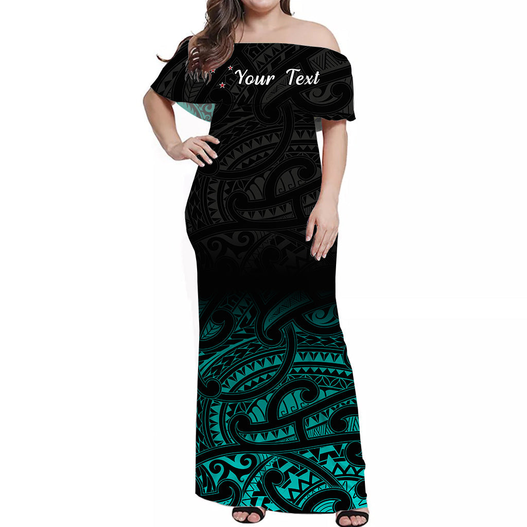 (Custom Personalised) New Zealand Off Shoulder Long Dress Maori Pattern Turquoise - Vibe Hoodie Shop