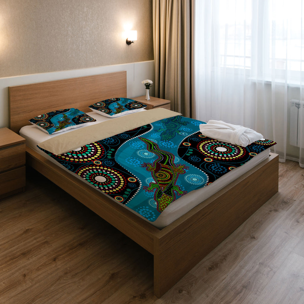 Australia Indigenous Bedding Set - Aboriginal Inspired Dreamtime Crocodile - Vibe Hoodie Shop