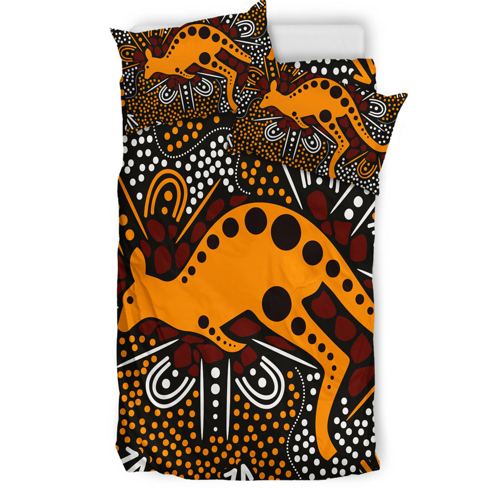 Australia Indigenous Bedding Set - Aboriginal inspired art background with kangaroo - Vibe Hoodie Shop