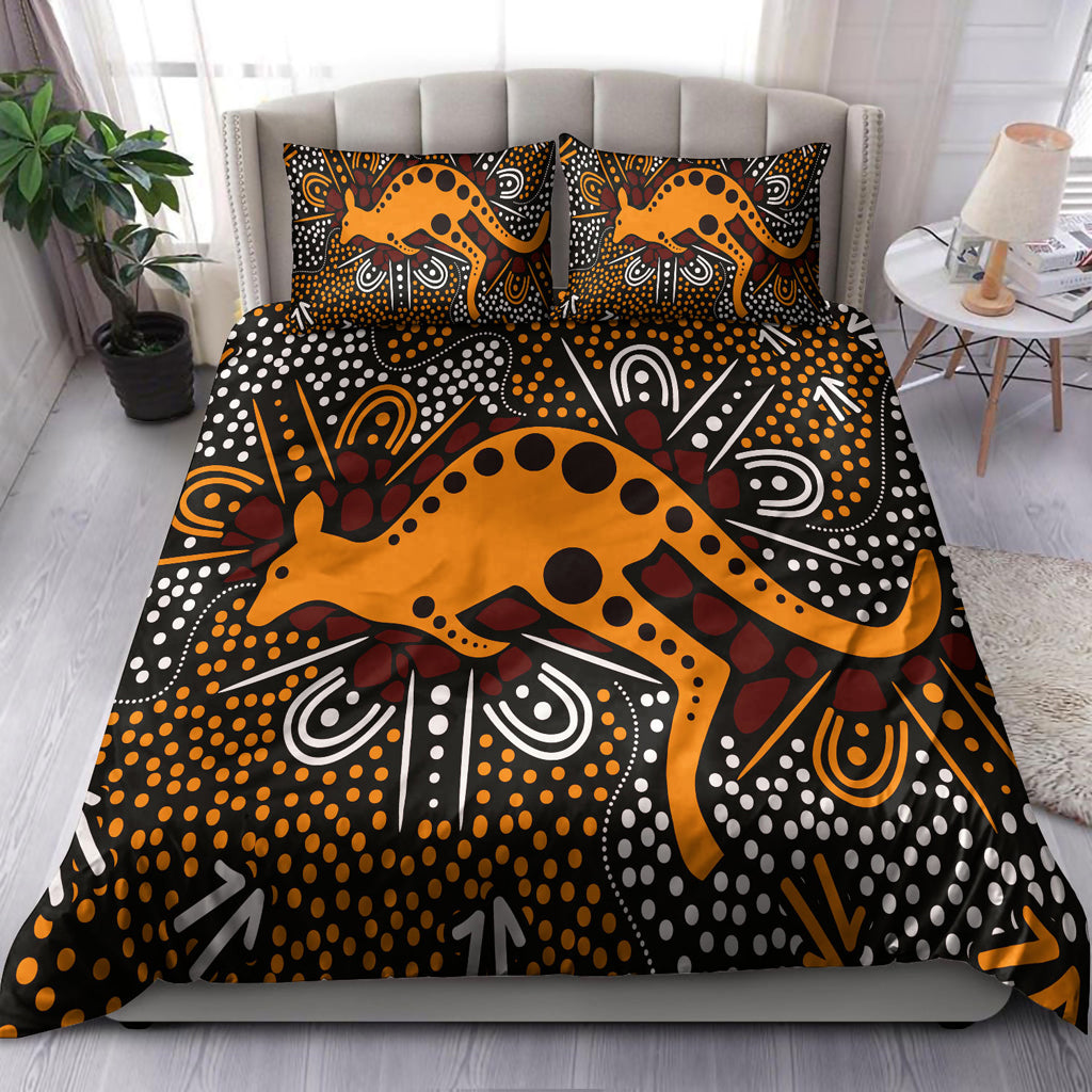 Australia Indigenous Bedding Set - Aboriginal inspired art background with kangaroo - Vibe Hoodie Shop