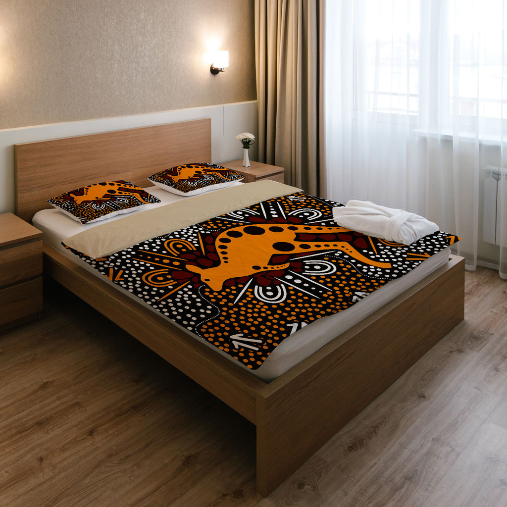 Australia Indigenous Bedding Set - Aboriginal inspired art background with kangaroo - Vibe Hoodie Shop