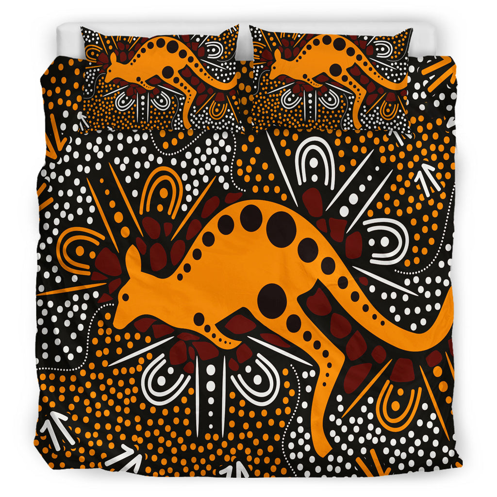 Australia Indigenous Bedding Set - Aboriginal inspired art background with kangaroo - Vibe Hoodie Shop