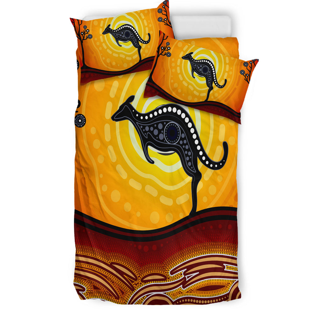 Australia Indigenous Bedding Set - Aboriginal inspired art dot painting with kangaroo - Vibe Hoodie Shop