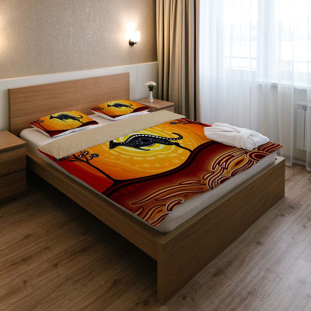 Australia Indigenous Bedding Set - Aboriginal inspired art dot painting with kangaroo - Vibe Hoodie Shop
