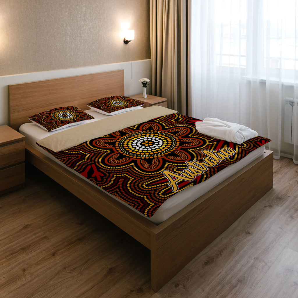 Australia Indigenous Bedding Set - Aboriginal inspired dot art background with kangaroo footprints - Vibe Hoodie Shop