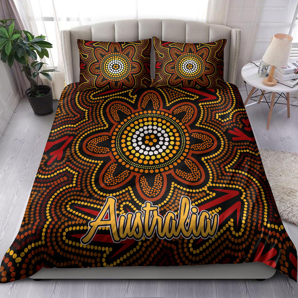 Australia Indigenous Bedding Set - Aboriginal inspired dot art background with kangaroo footprints - Vibe Hoodie Shop