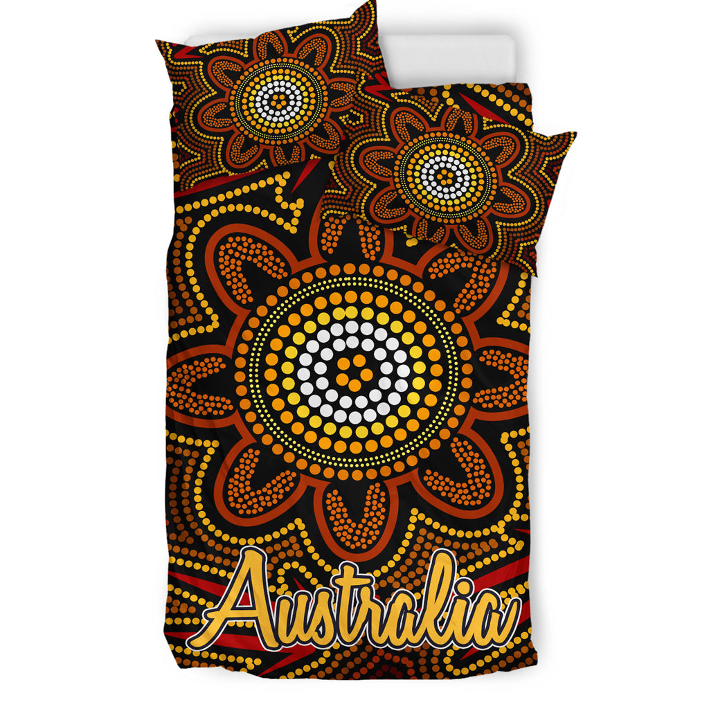 Australia Indigenous Bedding Set - Aboriginal inspired dot art background with kangaroo footprints - Vibe Hoodie Shop