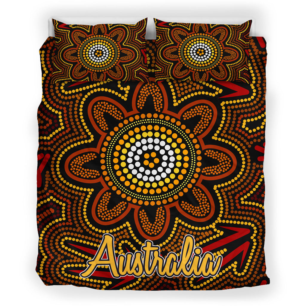 Australia Indigenous Bedding Set - Aboriginal inspired dot art background with kangaroo footprints - Vibe Hoodie Shop