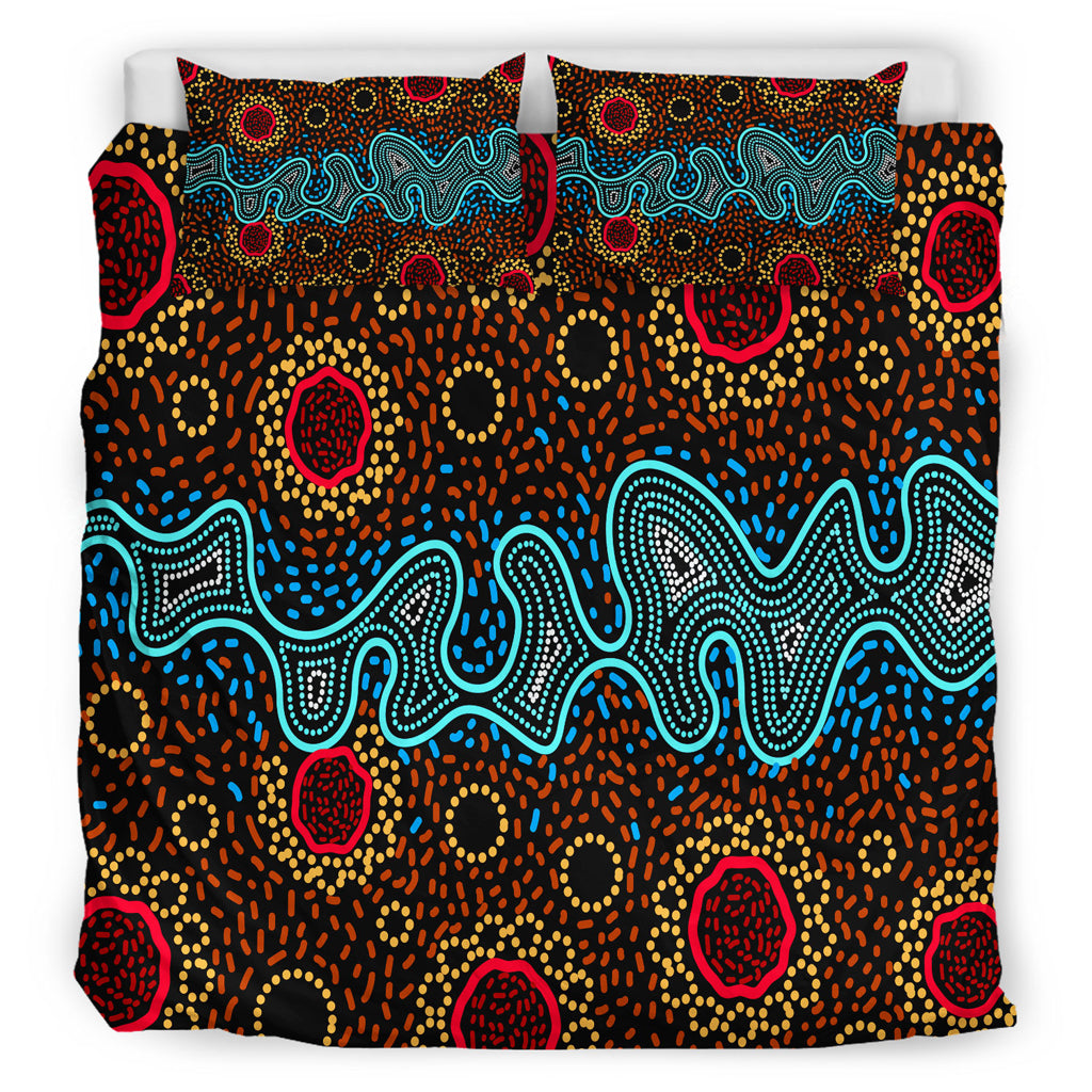 Australia Indigenous Bedding Set - Aboriginal inspired dot art painting River concept - Vibe Hoodie Shop