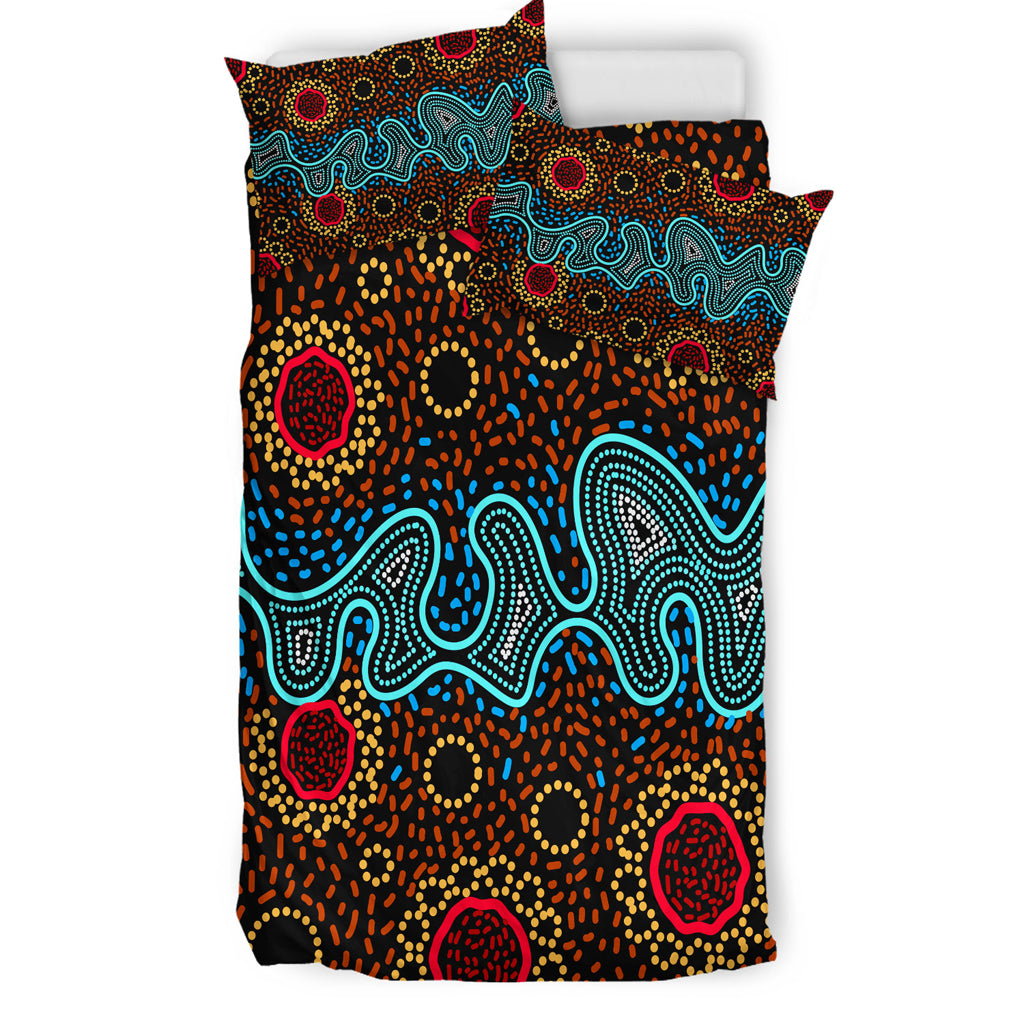 Australia Indigenous Bedding Set - Aboriginal inspired dot art painting River concept - Vibe Hoodie Shop
