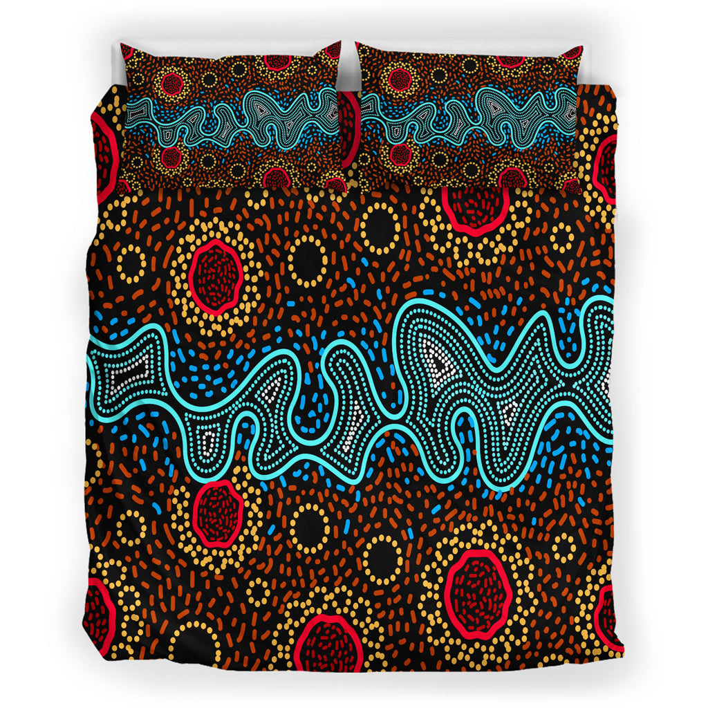Australia Indigenous Bedding Set - Aboriginal inspired dot art painting River concept - Vibe Hoodie Shop