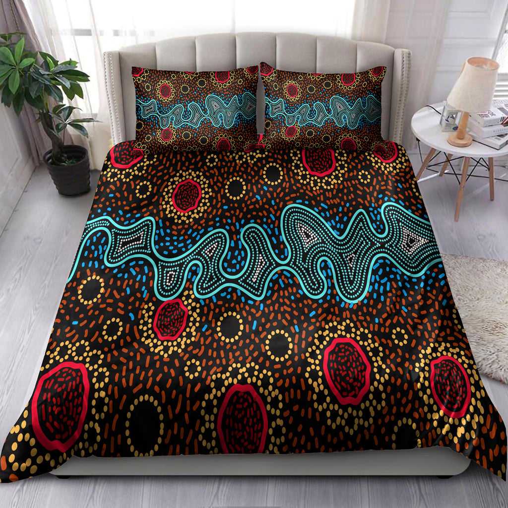 Australia Indigenous Bedding Set - Aboriginal inspired dot art painting River concept - Vibe Hoodie Shop