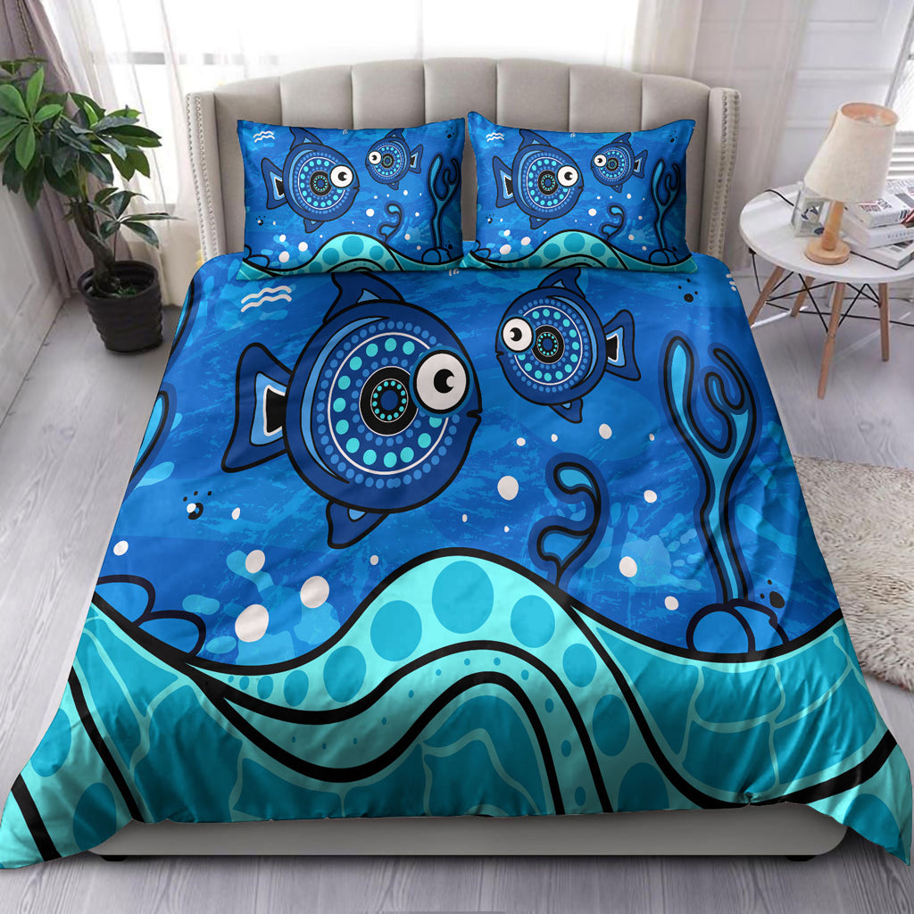 Australia Indigenous Bedding Set - Aboriginal inspired dot art painting with fish underwater concept - Vibe Hoodie Shop
