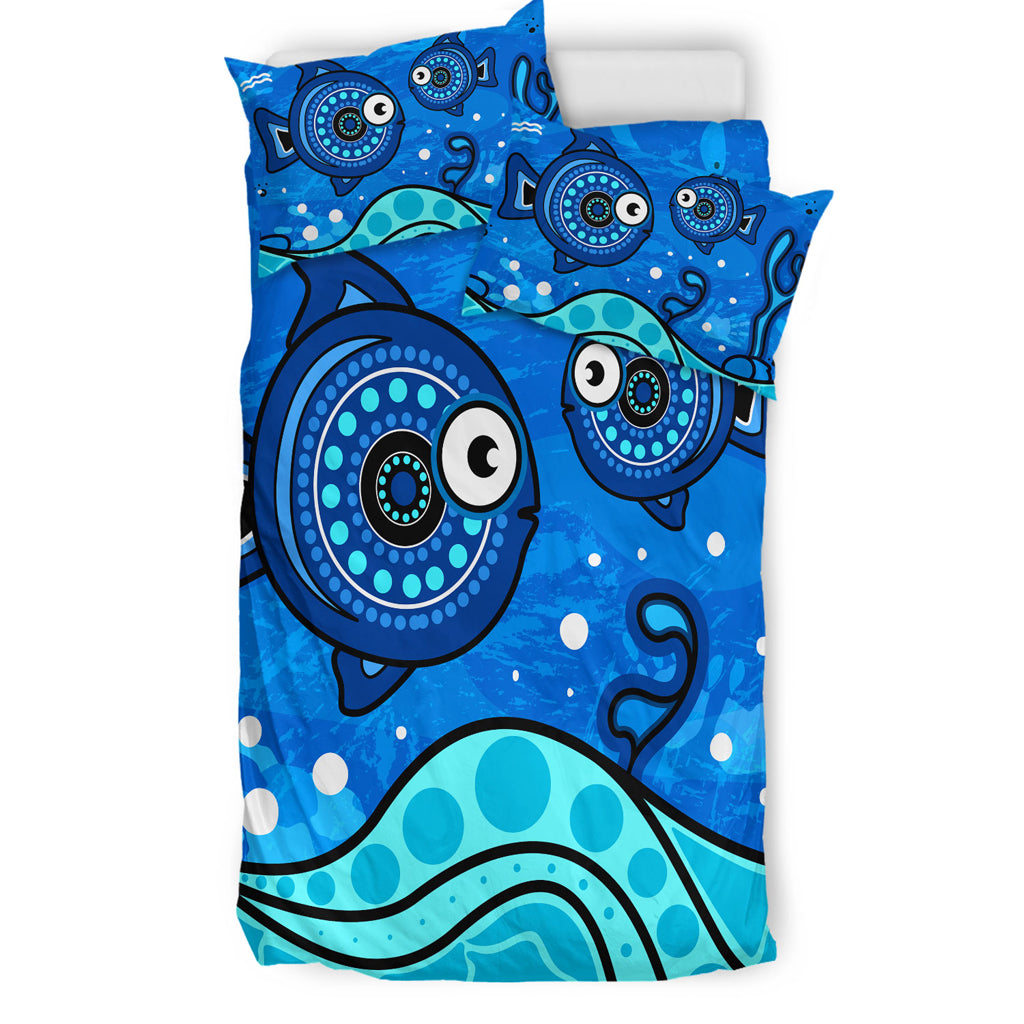 Australia Indigenous Bedding Set - Aboriginal inspired dot art painting with fish underwater concept - Vibe Hoodie Shop