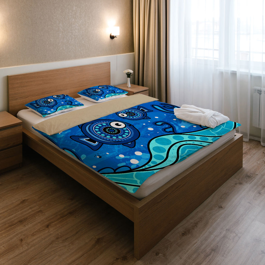 Australia Indigenous Bedding Set - Aboriginal inspired dot art painting with fish underwater concept - Vibe Hoodie Shop