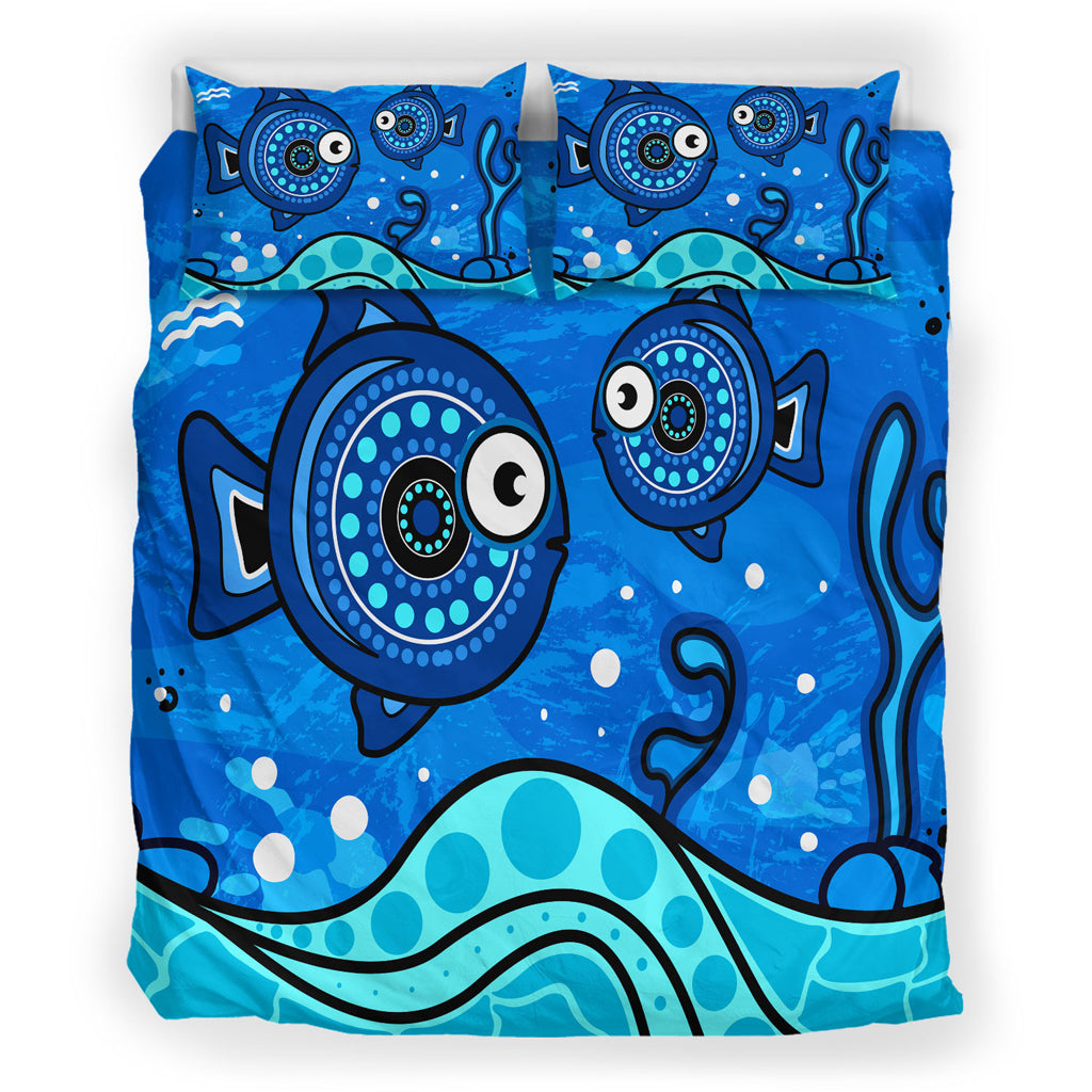 Australia Indigenous Bedding Set - Aboriginal inspired dot art painting with fish underwater concept - Vibe Hoodie Shop