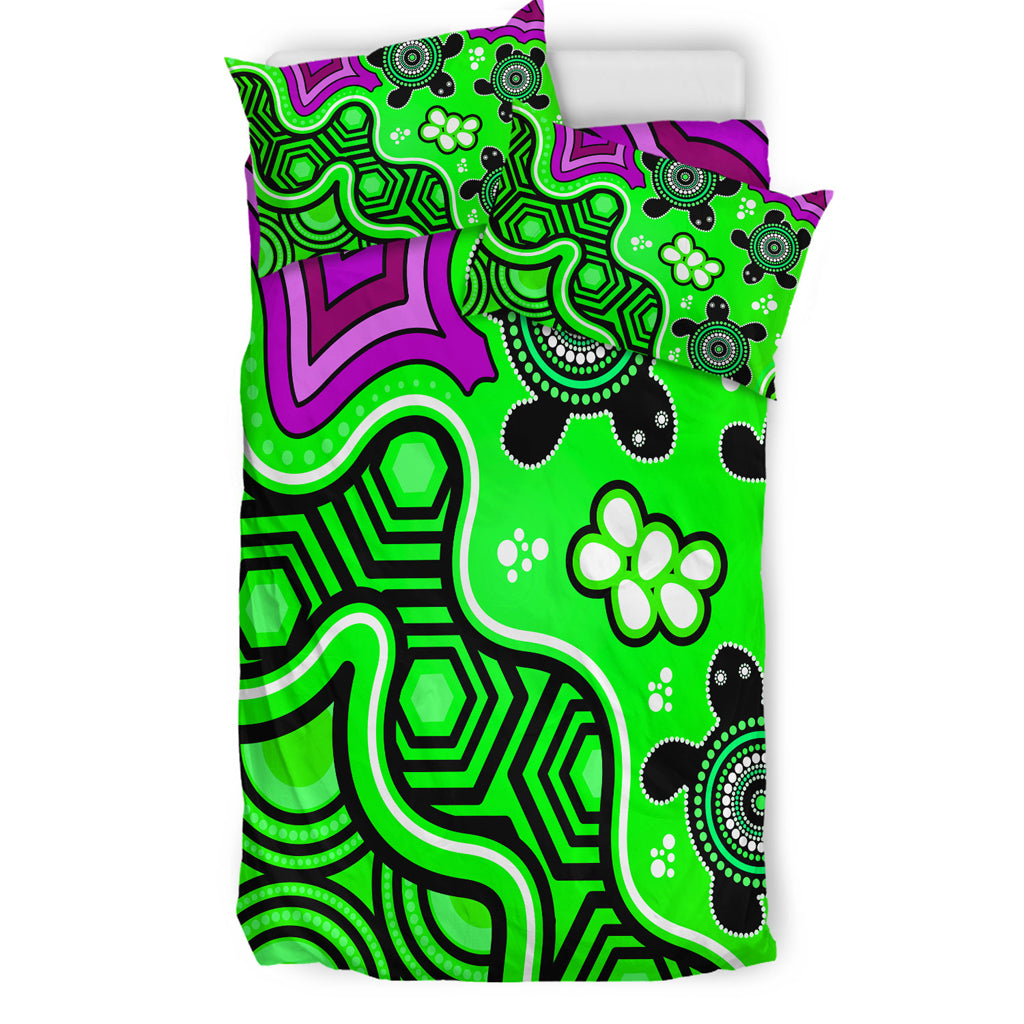 Australia Indigenous Bedding Set - Aboriginal inspired dot art painting with turtle - Vibe Hoodie Shop