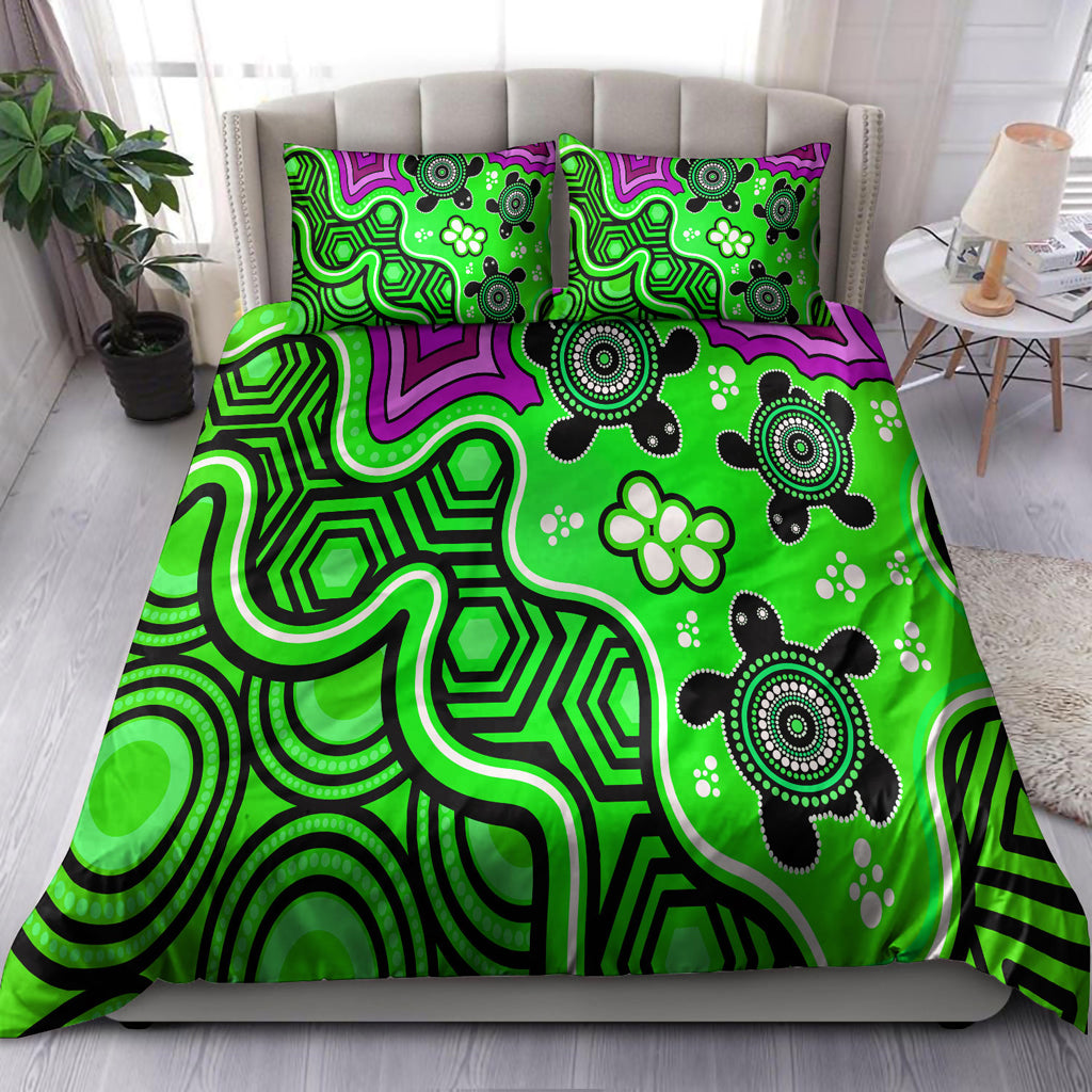 Australia Indigenous Bedding Set - Aboriginal inspired dot art painting with turtle - Vibe Hoodie Shop