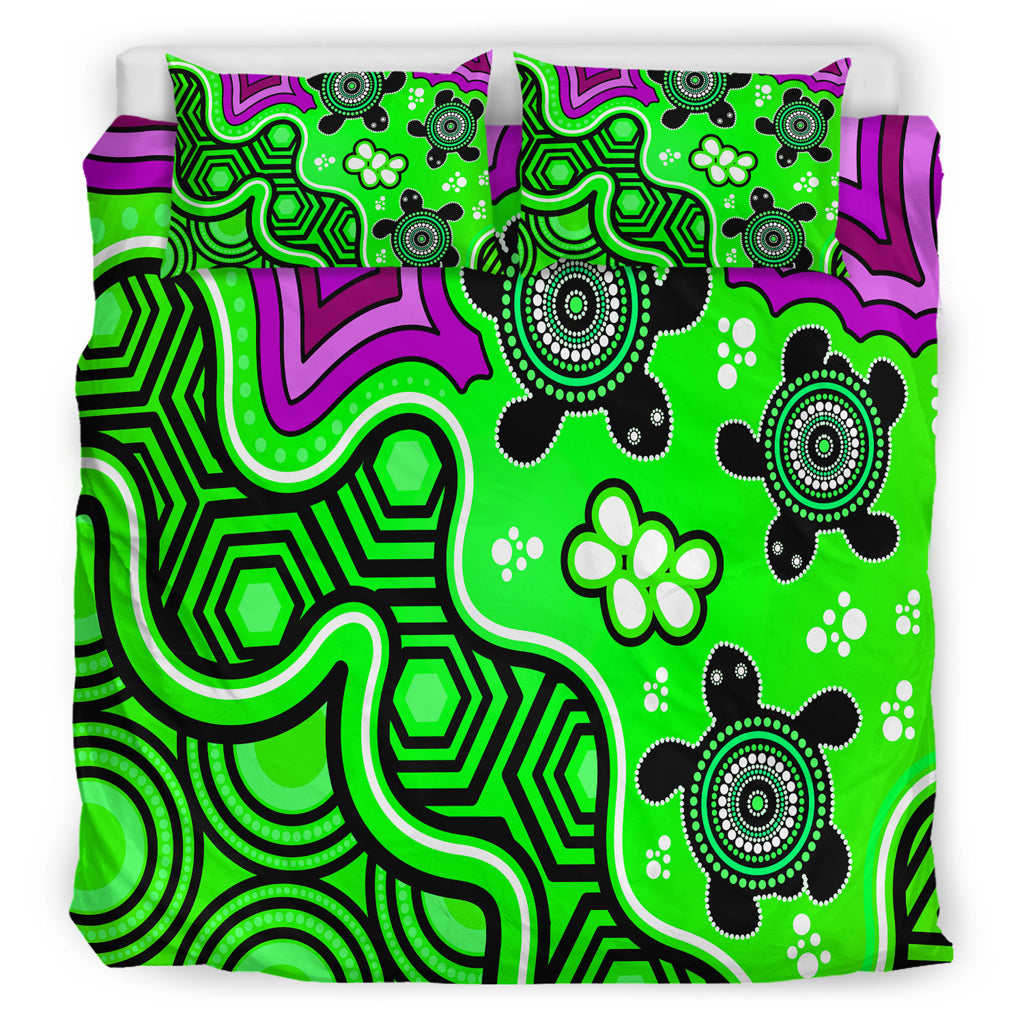 Australia Indigenous Bedding Set - Aboriginal inspired dot art painting with turtle - Vibe Hoodie Shop