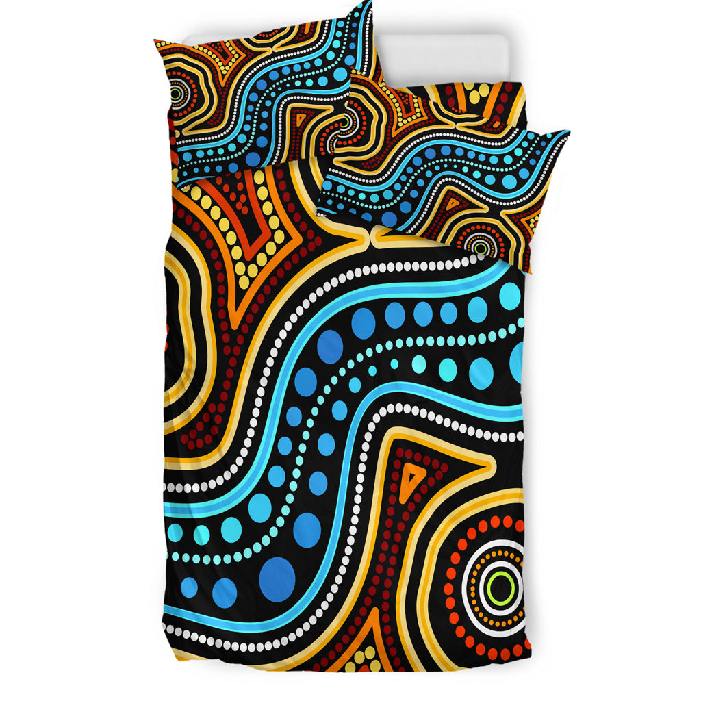 Australia Indigenous Bedding Set - Aboriginal inspired dot art river connection concept - Vibe Hoodie Shop