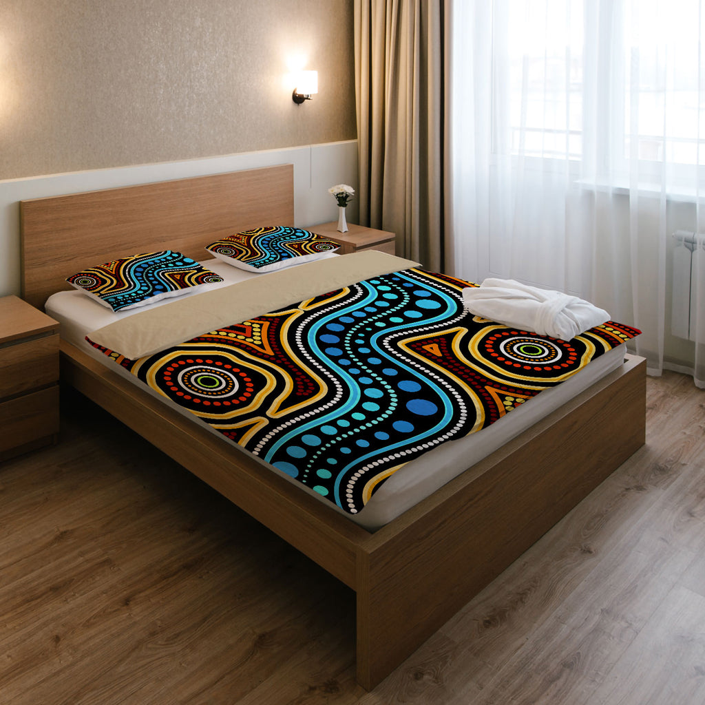 Australia Indigenous Bedding Set - Aboriginal inspired dot art river connection concept - Vibe Hoodie Shop