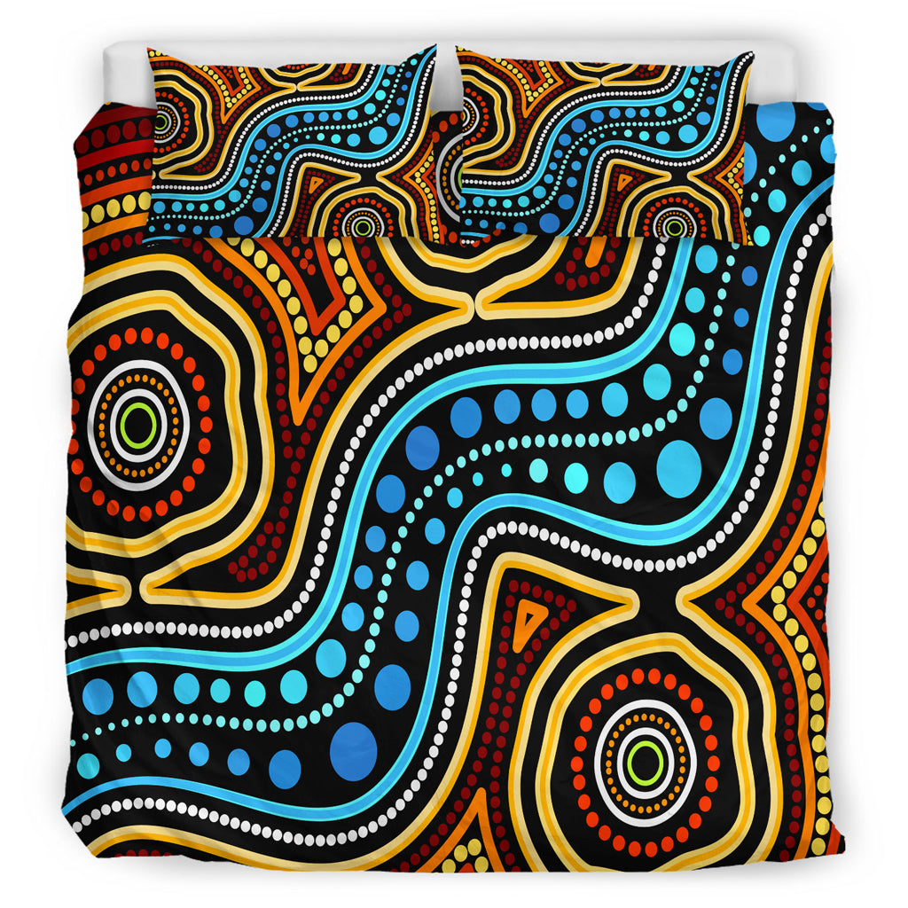Australia Indigenous Bedding Set - Aboriginal inspired dot art river connection concept - Vibe Hoodie Shop