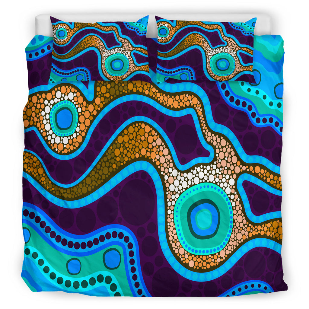 Australia Indigenous Bedding Set - Aboriginal inspired dot art background with river - Vibe Hoodie Shop
