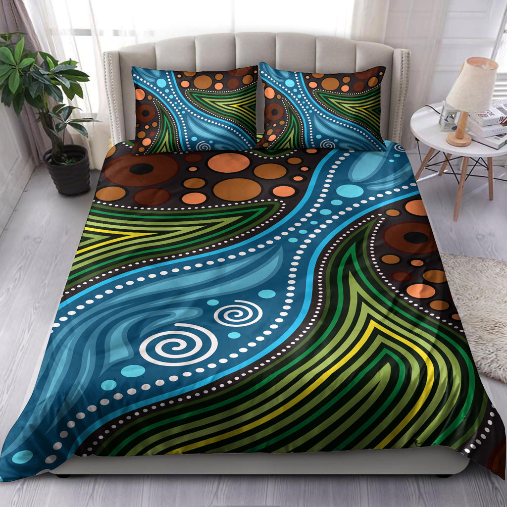 Australia Indigenous Bedding Set - Aboriginal Inspired Landscape Illustration of forest, river and land - Vibe Hoodie Shop