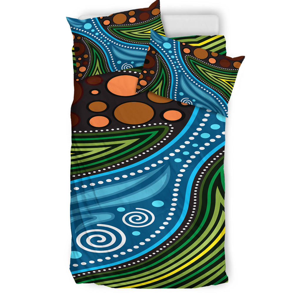 Australia Indigenous Bedding Set - Aboriginal Inspired Landscape Illustration of forest, river and land - Vibe Hoodie Shop