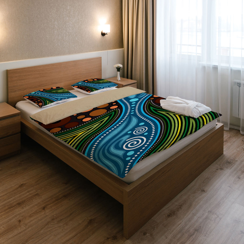 Australia Indigenous Bedding Set - Aboriginal Inspired Landscape Illustration of forest, river and land - Vibe Hoodie Shop