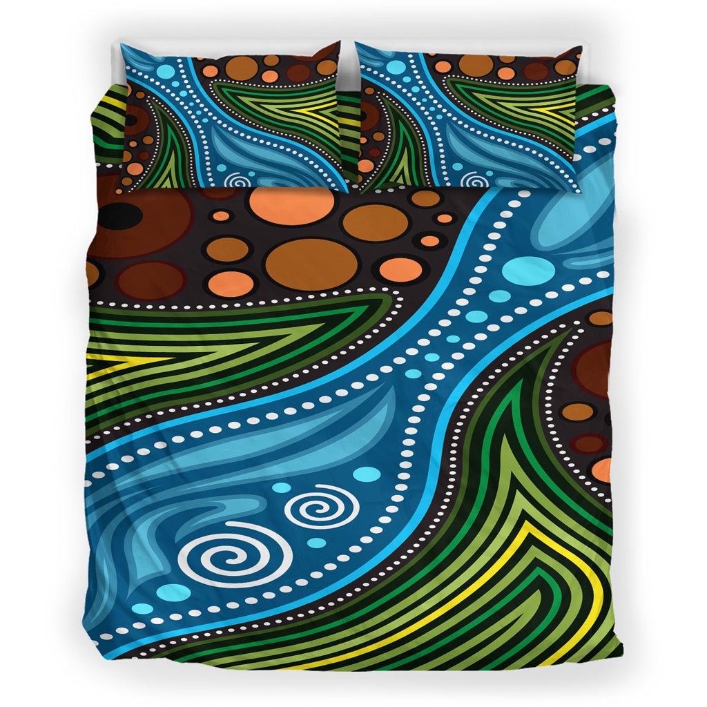 Australia Indigenous Bedding Set - Aboriginal Inspired Landscape Illustration of forest, river and land - Vibe Hoodie Shop
