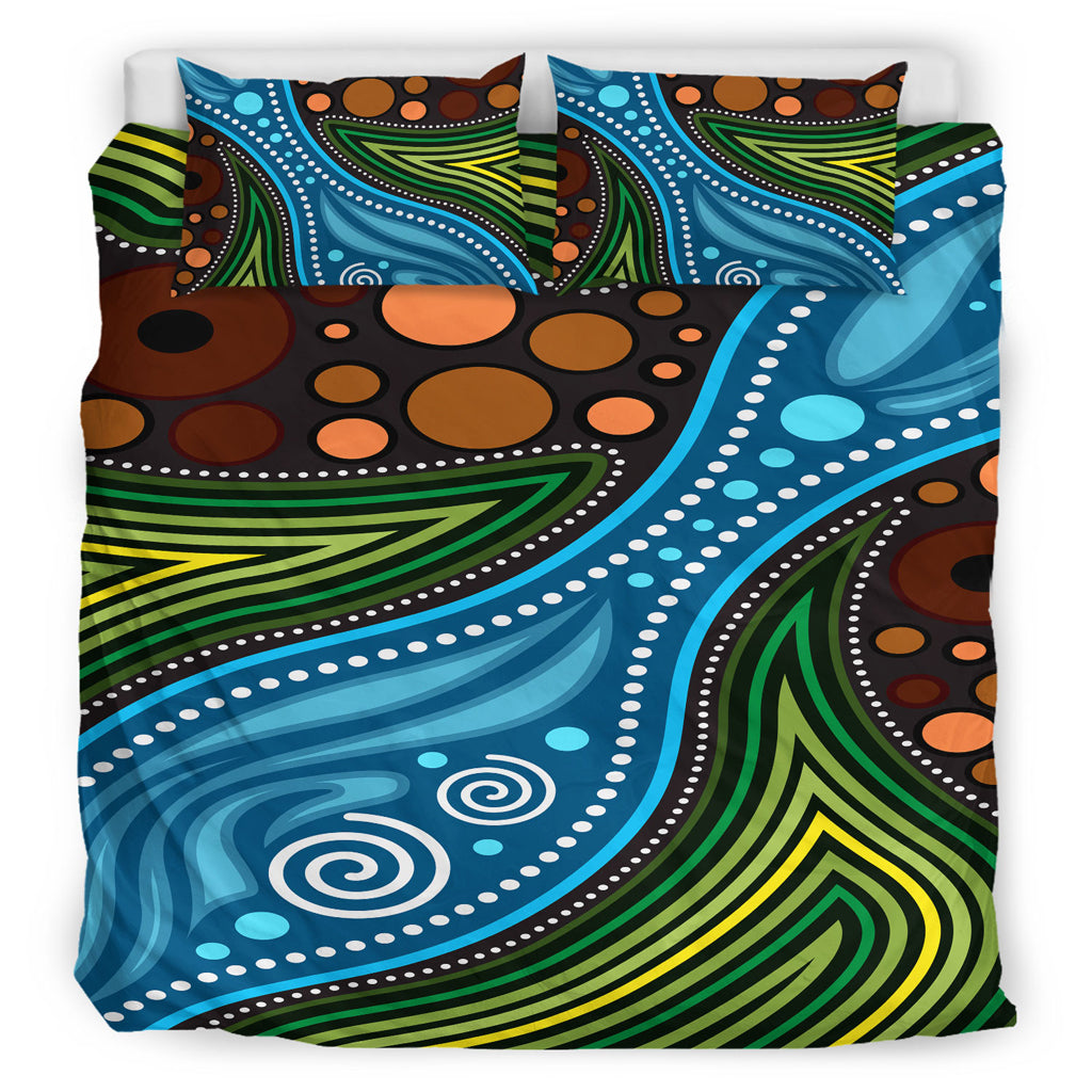 Australia Indigenous Bedding Set - Aboriginal Inspired Landscape Illustration of forest, river and land - Vibe Hoodie Shop