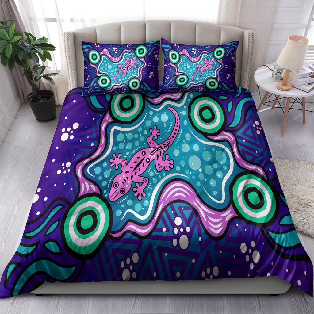 Australia Indigenous Bedding Set - Aboriginal Inspired style of background with lizard - Vibe Hoodie Shop