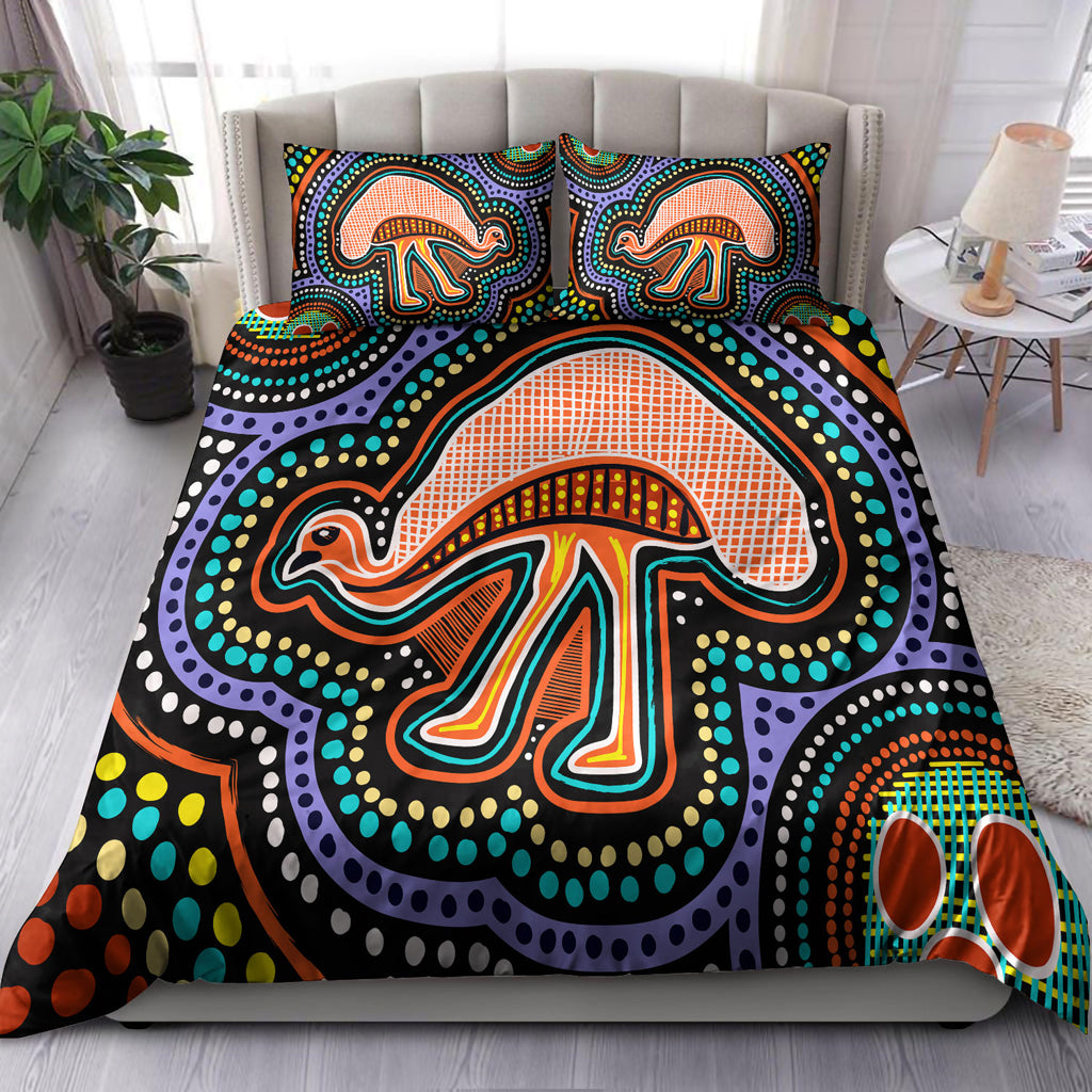 Australia Indigenous Bedding Set - Emu Aboriginal Inspired Dot Art Painting - Vibe Hoodie Shop