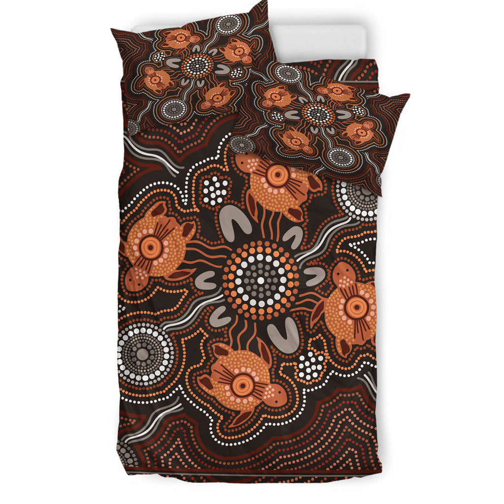 Australia Indigenous Bedding Set - Turtle Art Aboriginal Inspired - Vibe Hoodie Shop