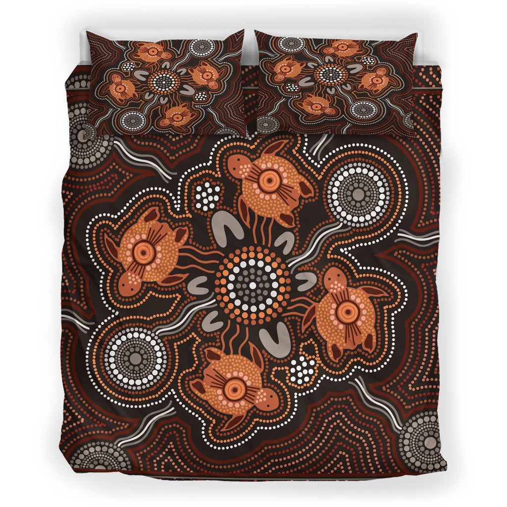 Australia Indigenous Bedding Set - Turtle Art Aboriginal Inspired - Vibe Hoodie Shop