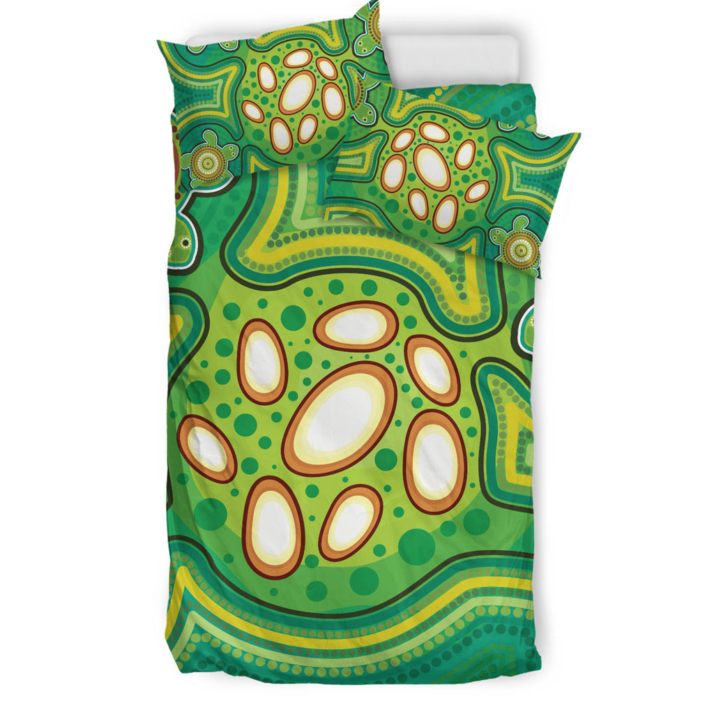 Australia Aboriginal Inspired Bedding Set - Aboriginal Dot Art Vector Painting With Turtle Green Color Bedding Set - Vibe Hoodie Shop