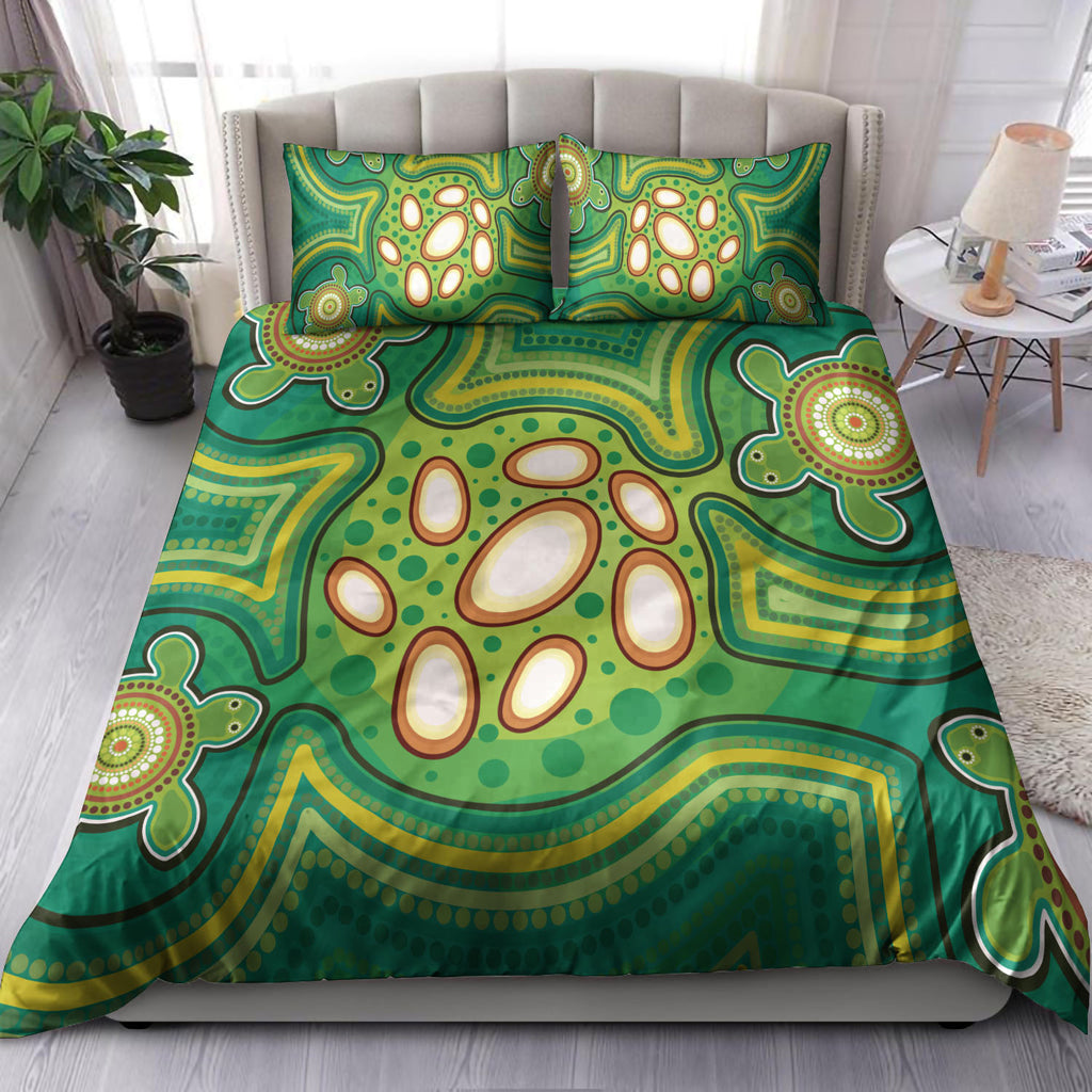 Australia Aboriginal Inspired Bedding Set - Aboriginal Dot Art Vector Painting With Turtle Green Color Bedding Set - Vibe Hoodie Shop