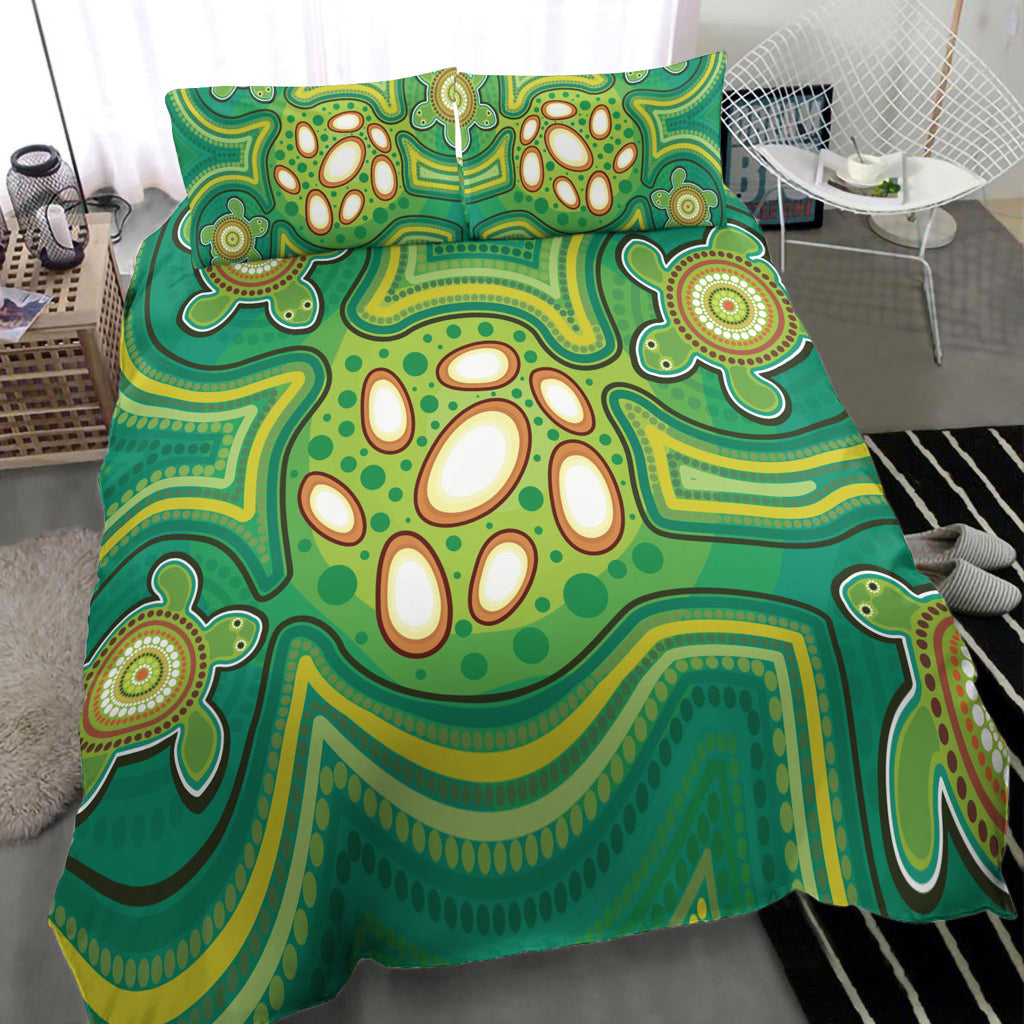 Australia Aboriginal Inspired Bedding Set - Aboriginal Dot Art Vector Painting With Turtle Green Color Bedding Set - Vibe Hoodie Shop