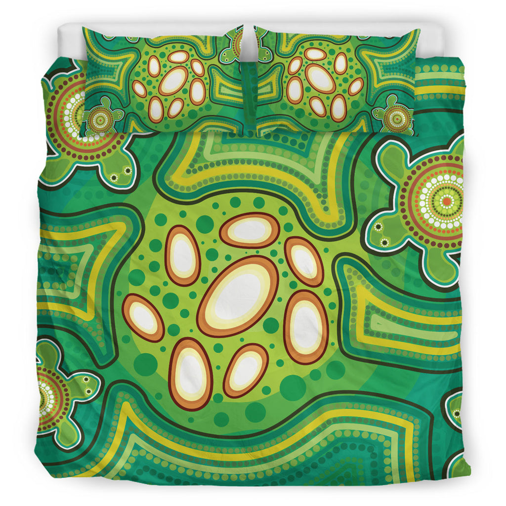 Australia Aboriginal Inspired Bedding Set - Aboriginal Dot Art Vector Painting With Turtle Green Color Bedding Set - Vibe Hoodie Shop