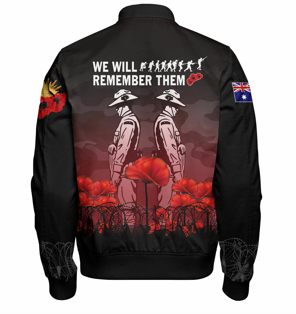 Australia Anzac Day Bomber Jacket - Anzac Day Soldier We Will Remember Them Bomber Jacket Red - Vibe Hoodie Shop