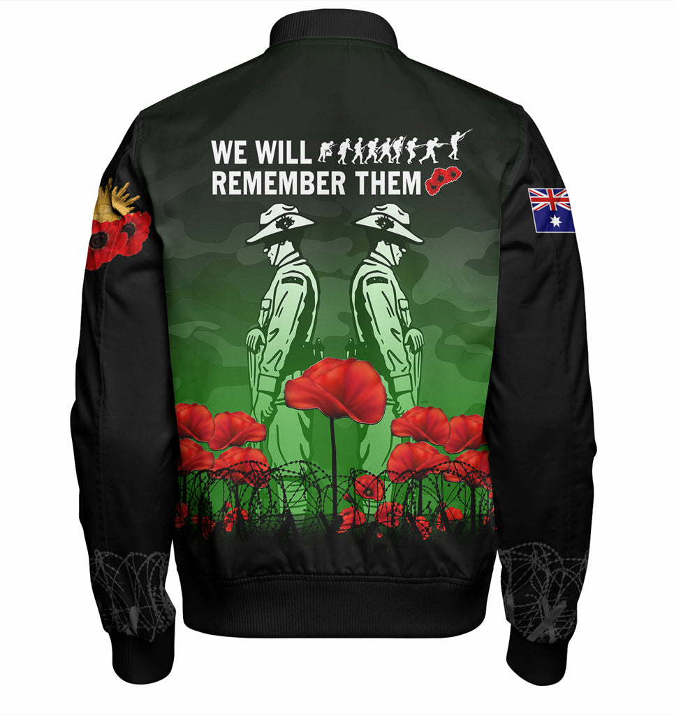 Australia Anzac Day Bomber Jacket - Anzac Day Soldier We Will Remember Them Bomber Jacket Green - Vibe Hoodie Shop