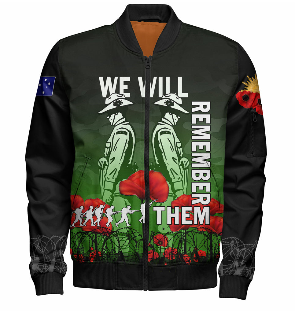 Australia Anzac Day Bomber Jacket - Anzac Day Soldier We Will Remember Them Bomber Jacket Green - Vibe Hoodie Shop