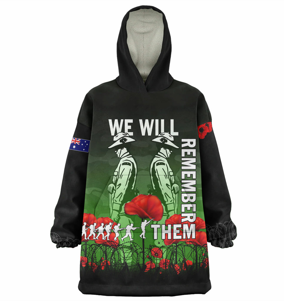 Australia Anzac Day Wearable Blanket Hoodie - Anzac Day Soldier We Will Remember Them Wearable Blanket Hoodie Green - Vibe Hoodie Shop