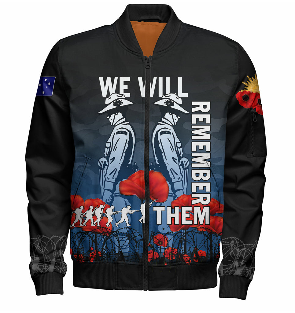 Australia Anzac Day Bomber Jacket - Anzac Day Soldier We Will Remember Them Bomber Jacket Blue - Vibe Hoodie Shop