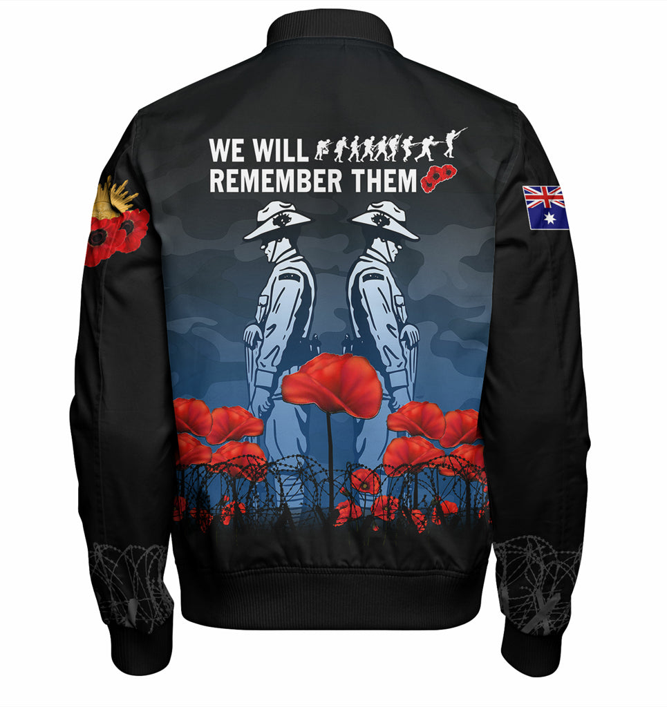 Australia Anzac Day Bomber Jacket - Anzac Day Soldier We Will Remember Them Bomber Jacket Blue - Vibe Hoodie Shop