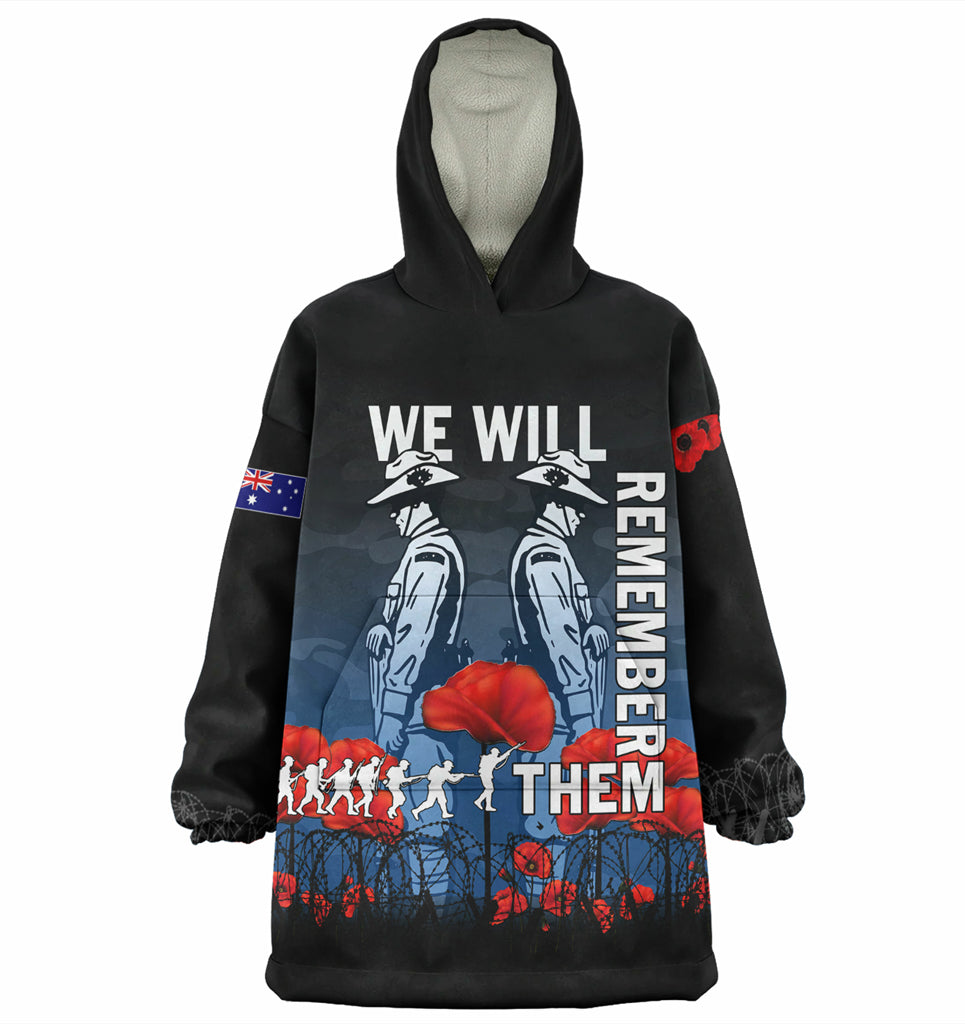 Australia Anzac Day Wearable Blanket Hoodie - Anzac Day Soldier We Will Remember Them Wearable Blanket Hoodie Blue - Vibe Hoodie Shop