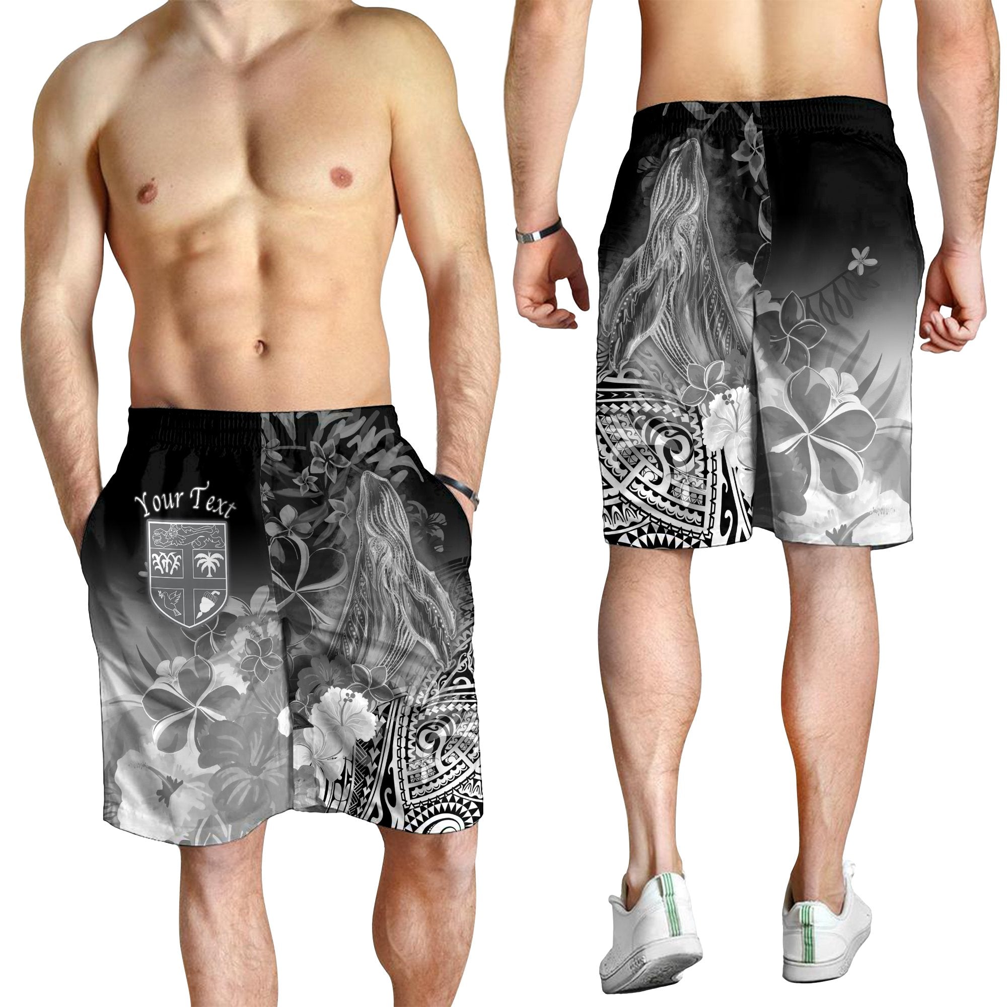 Fiji Custom Personalised Men's Shorts - Humpback Whale with Tropical Flowers (White) - Vibe Hoodie Shop